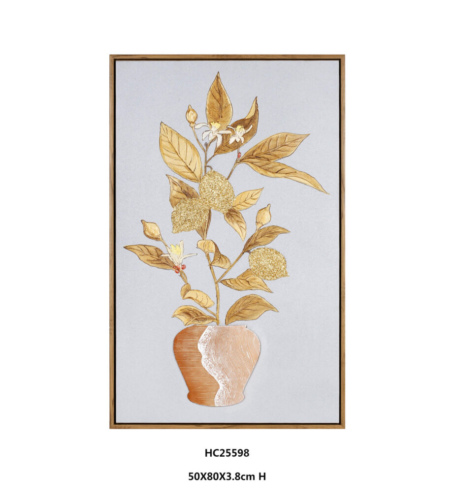 gold textured botanical wall art with glitter lemons and a grooved vase