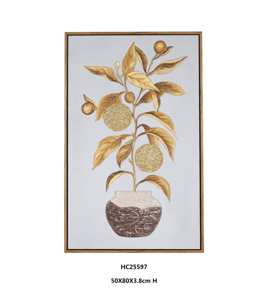 gold textured botanical wall art with glitter oranges and a brown vase