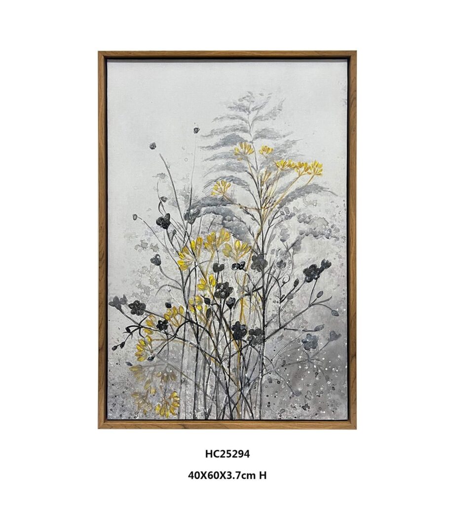 Unique wall art for bedroom featuring delicate gray, yellow, and black wildflowers