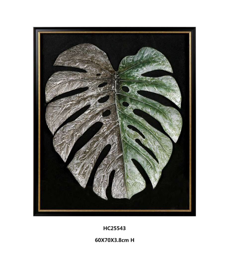 Framed bronze green metallic monstera leaf wall art