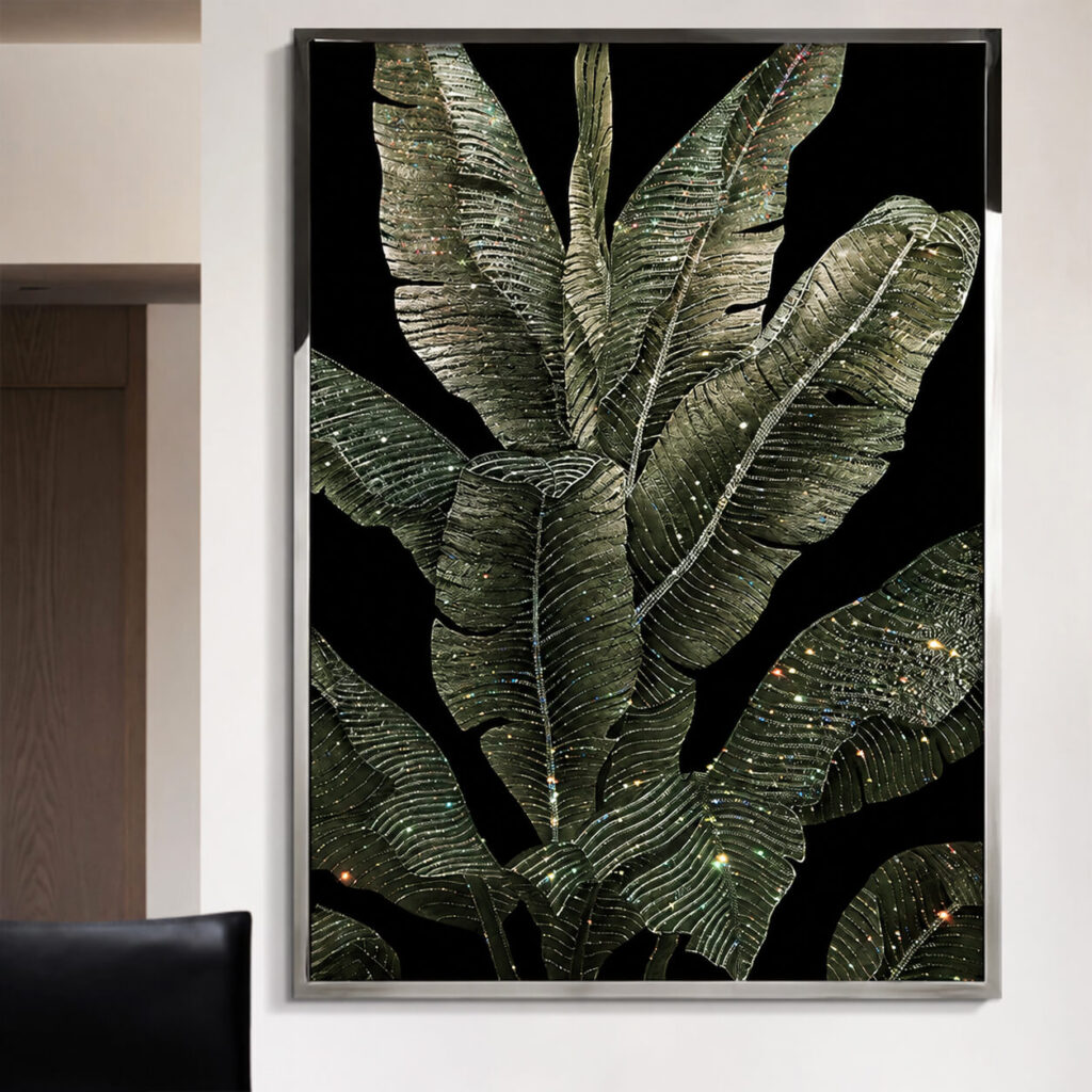 Deep green leaf wall art with crystal accents