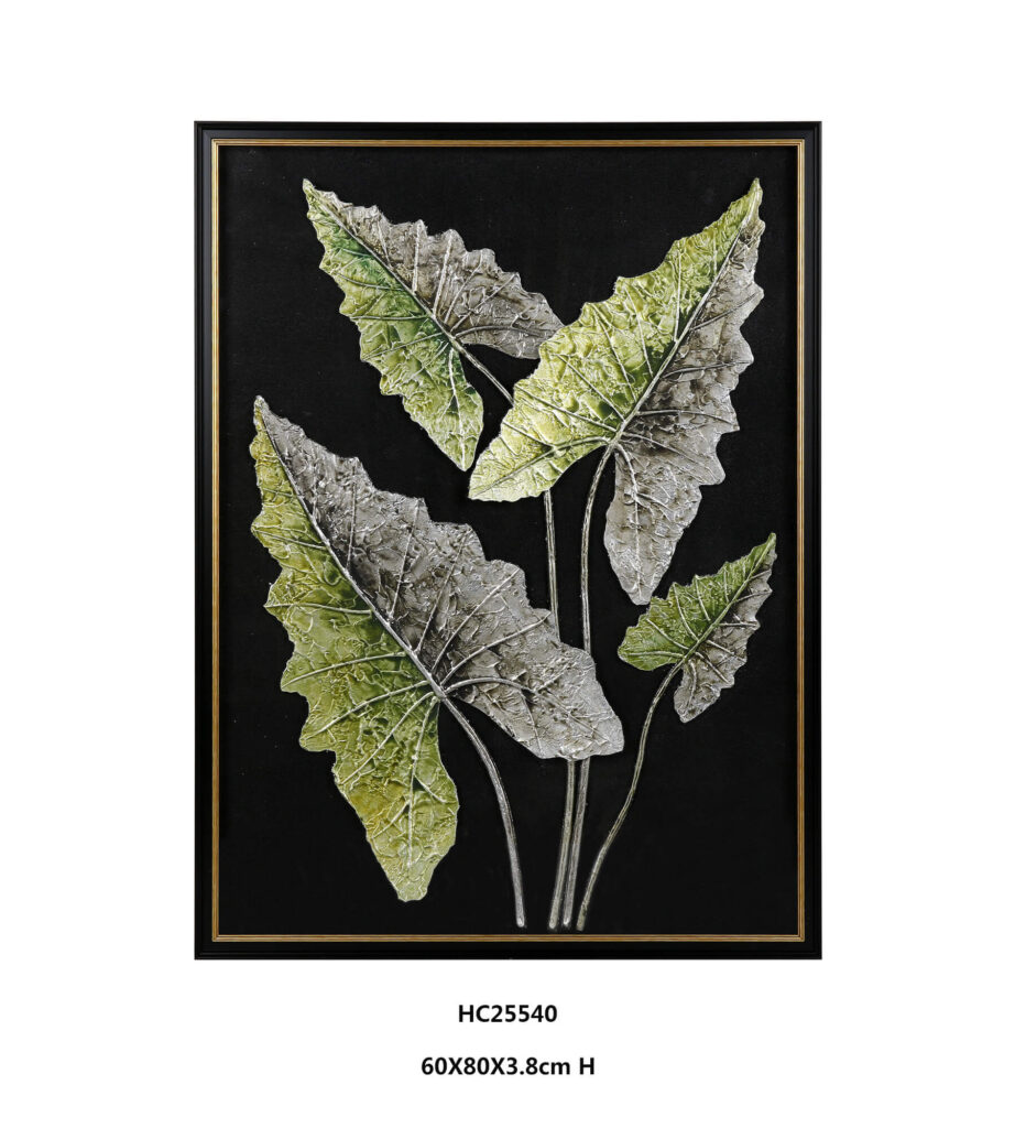 3D relief botanical leaf wall art with green and silver foil on black velvet