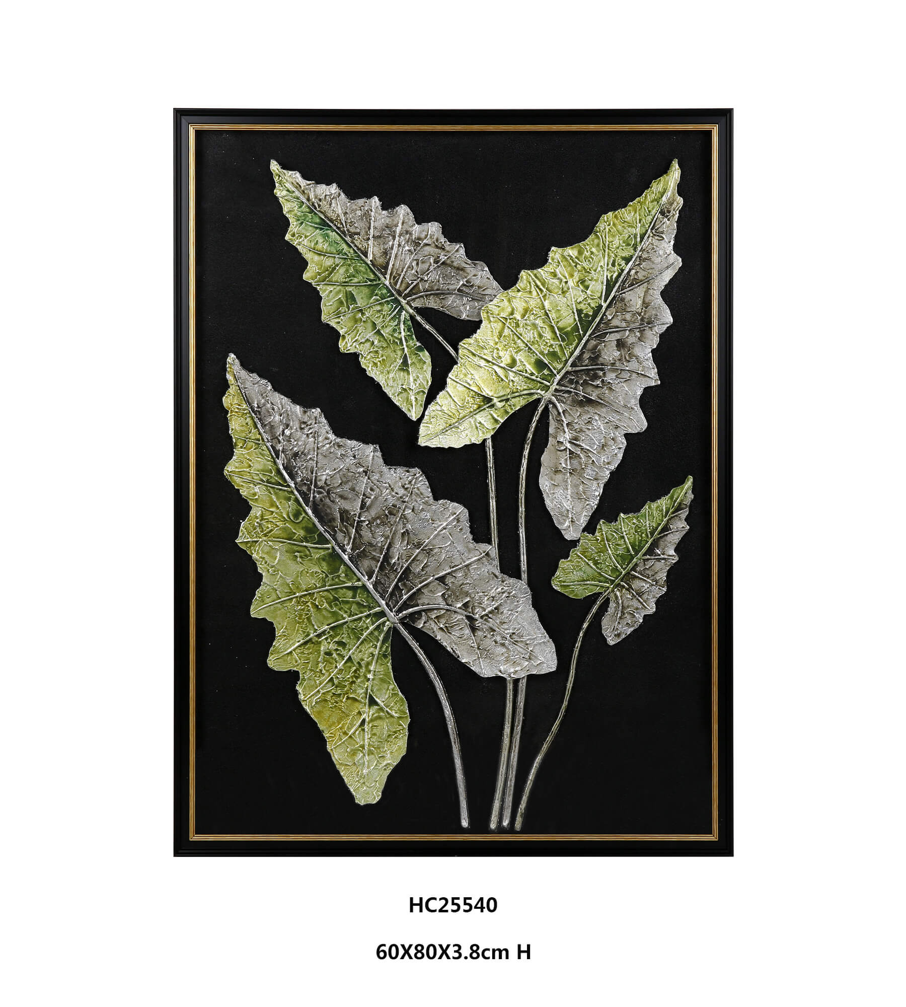 3D relief botanical leaf wall art with green and silver foil on black velvet
