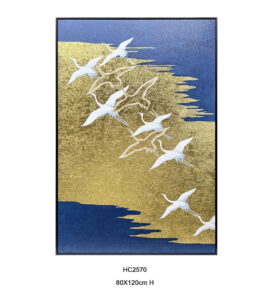 Navy blue hand painted gold leaf crane wall art