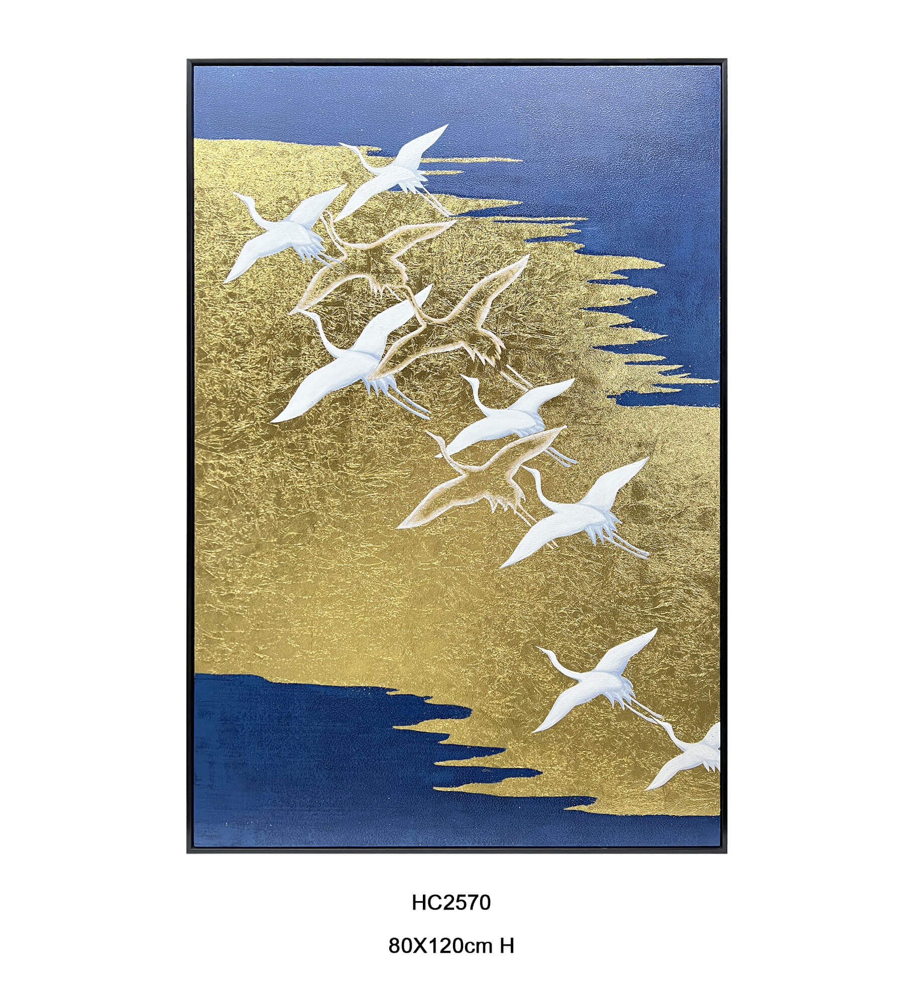 Navy blue hand painted gold leaf crane wall art