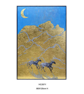 Hand painted gold leaf horse wall art with golden mountains