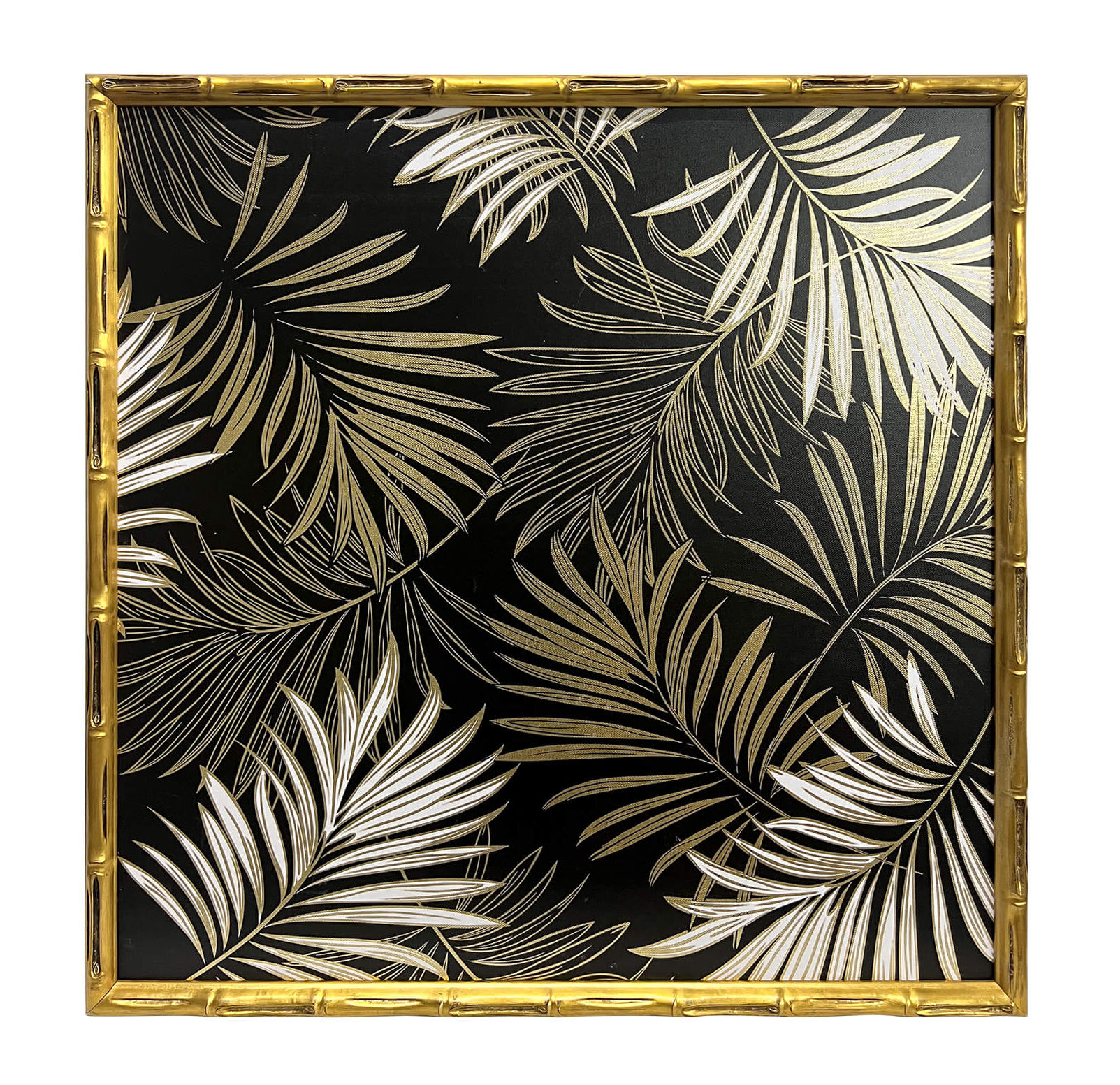 High-end Giclée canvas print showcasing golden palm leaves inside a bamboo style frame.