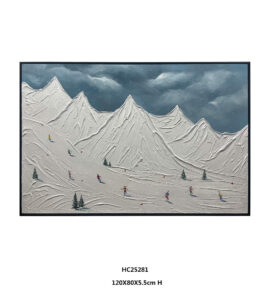 Horizontal framed ski mountain impasto wall art canvas