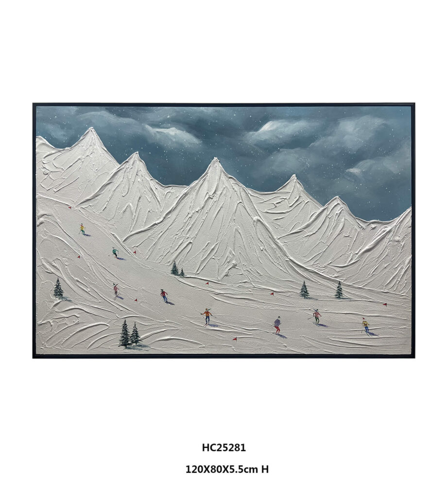 Horizontal framed ski mountain impasto wall art canvas
