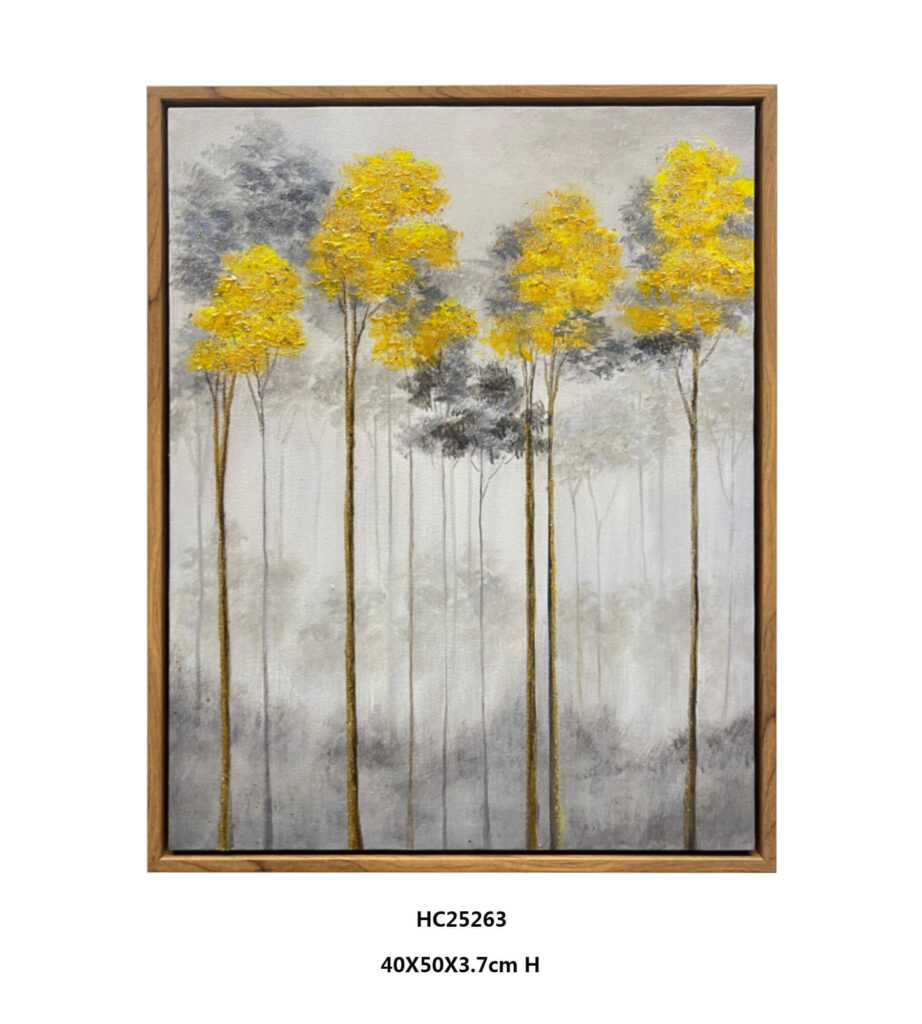 3D impasto textured tree wall art with yellow foliage on misty canvas
