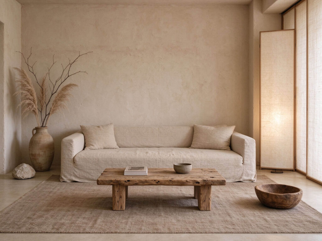 Japanese wabi-sabi living room with textured neutral wall art design.