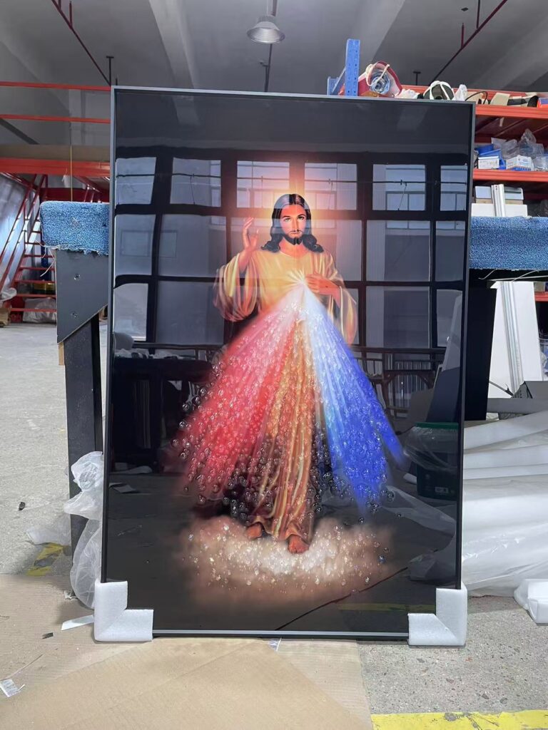 Divine Mercy Jesus wall art with red and blue rays