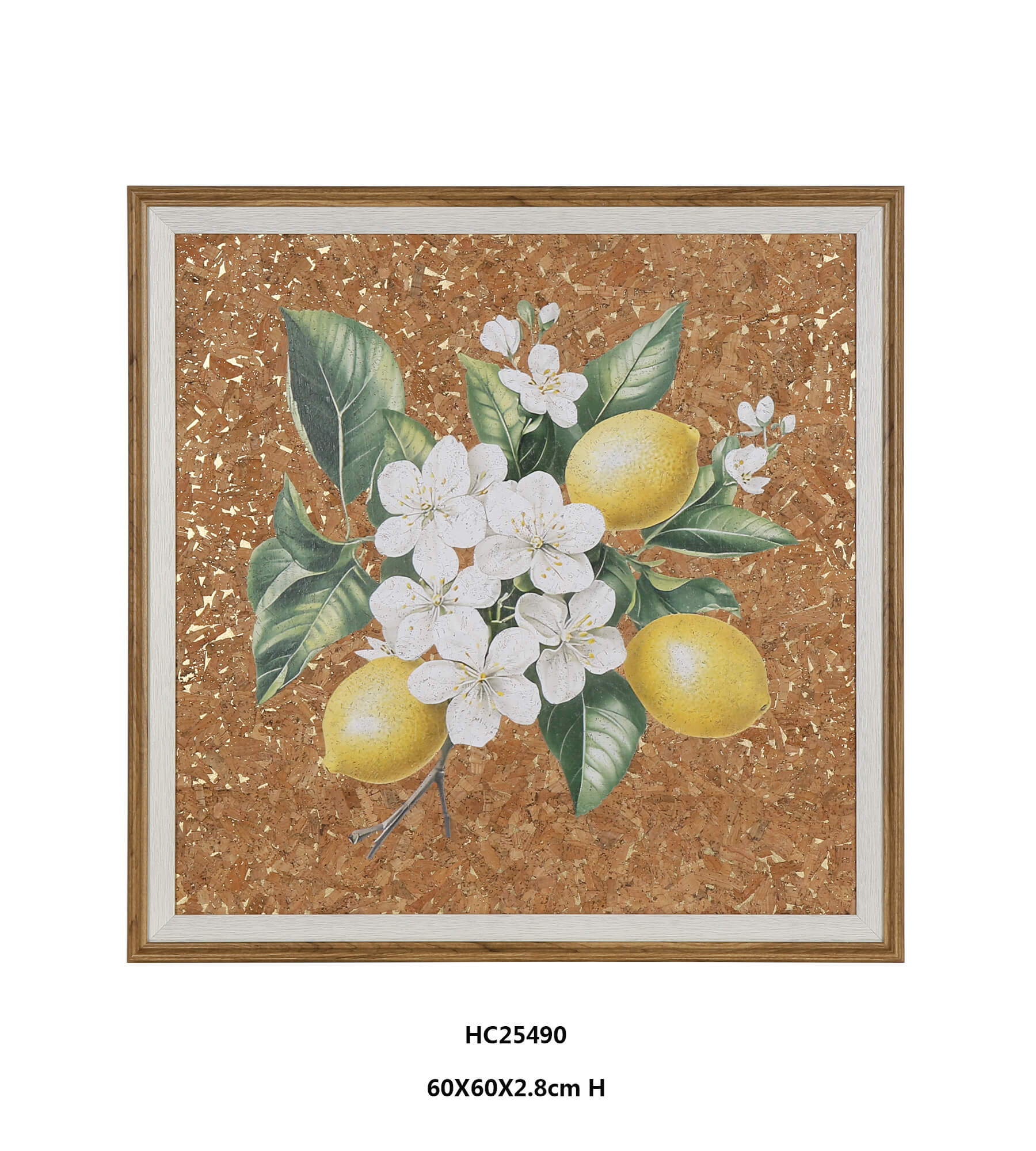 Lemon cork wall art with yellow fruit and green leaves