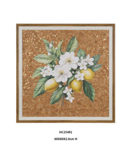 Lemon cork wall art with white blossoms and gold foil