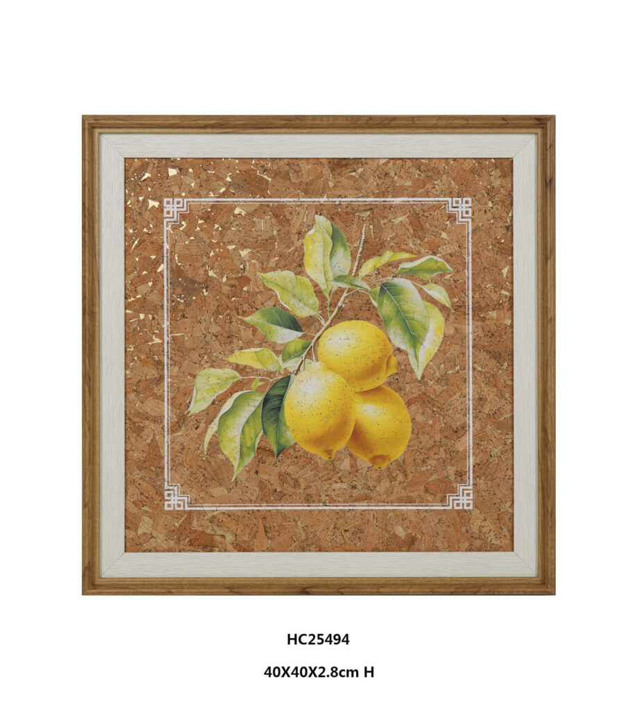 Framed lemon cork wall art with three lemons