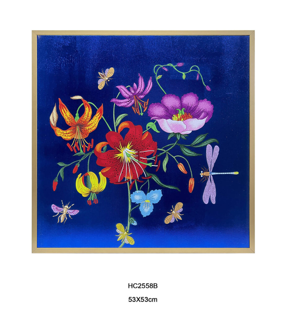 lily dragonfly botanical wall art with a deep blue background