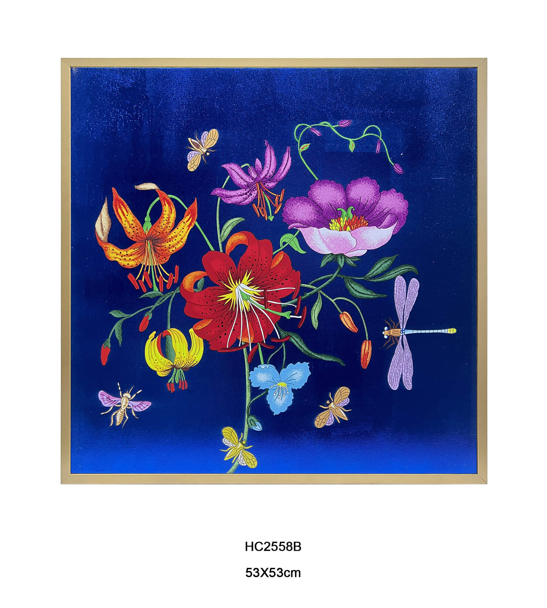 lily dragonfly botanical wall art with a deep blue background