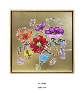 lily dragonfly botanical wall art with a gold background