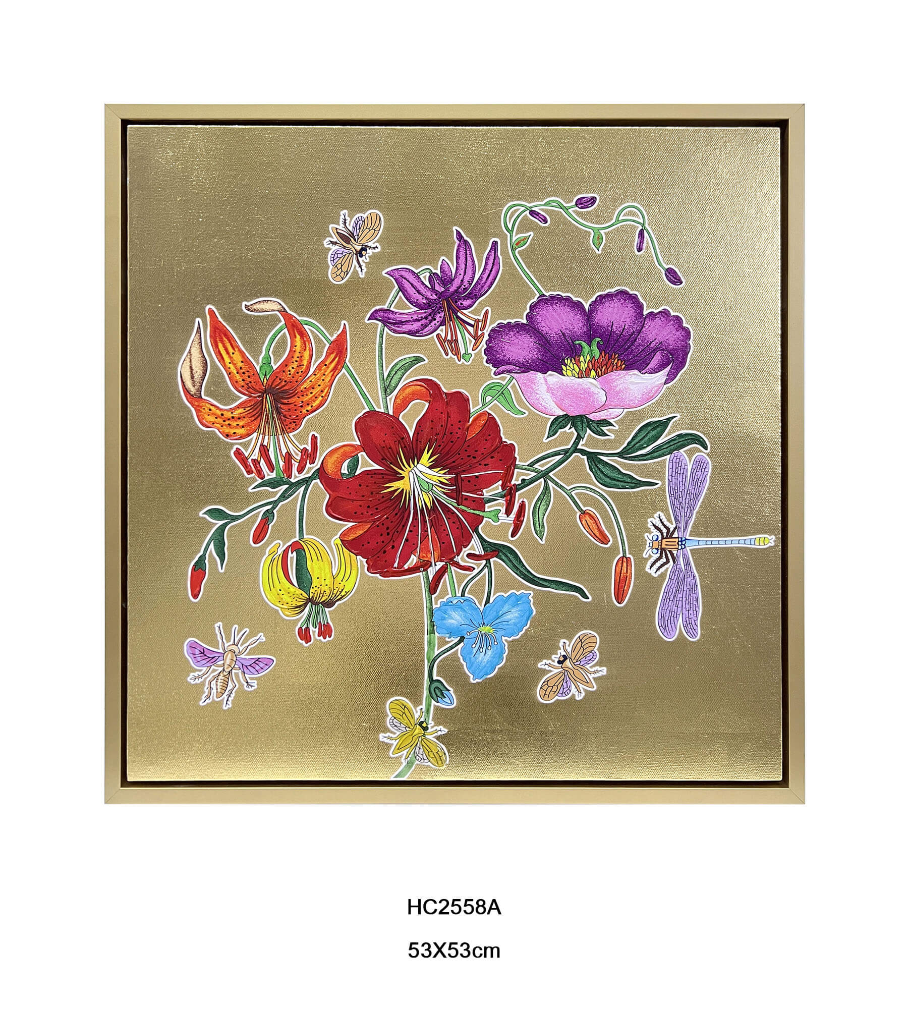 lily dragonfly botanical wall art with a gold background