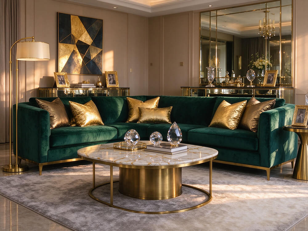 Luxury style living room with elegant furniture and gold wall art design.