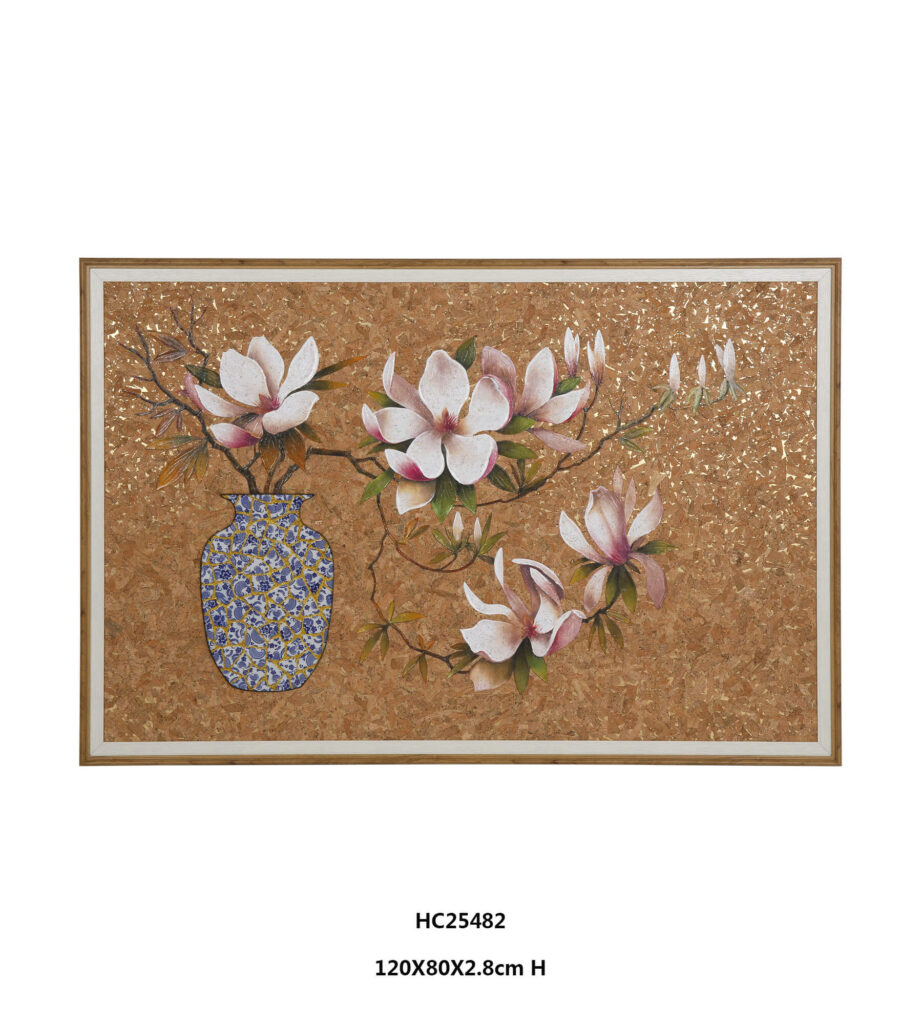Magnolia vase wall art with blooming branches on gold cork panel