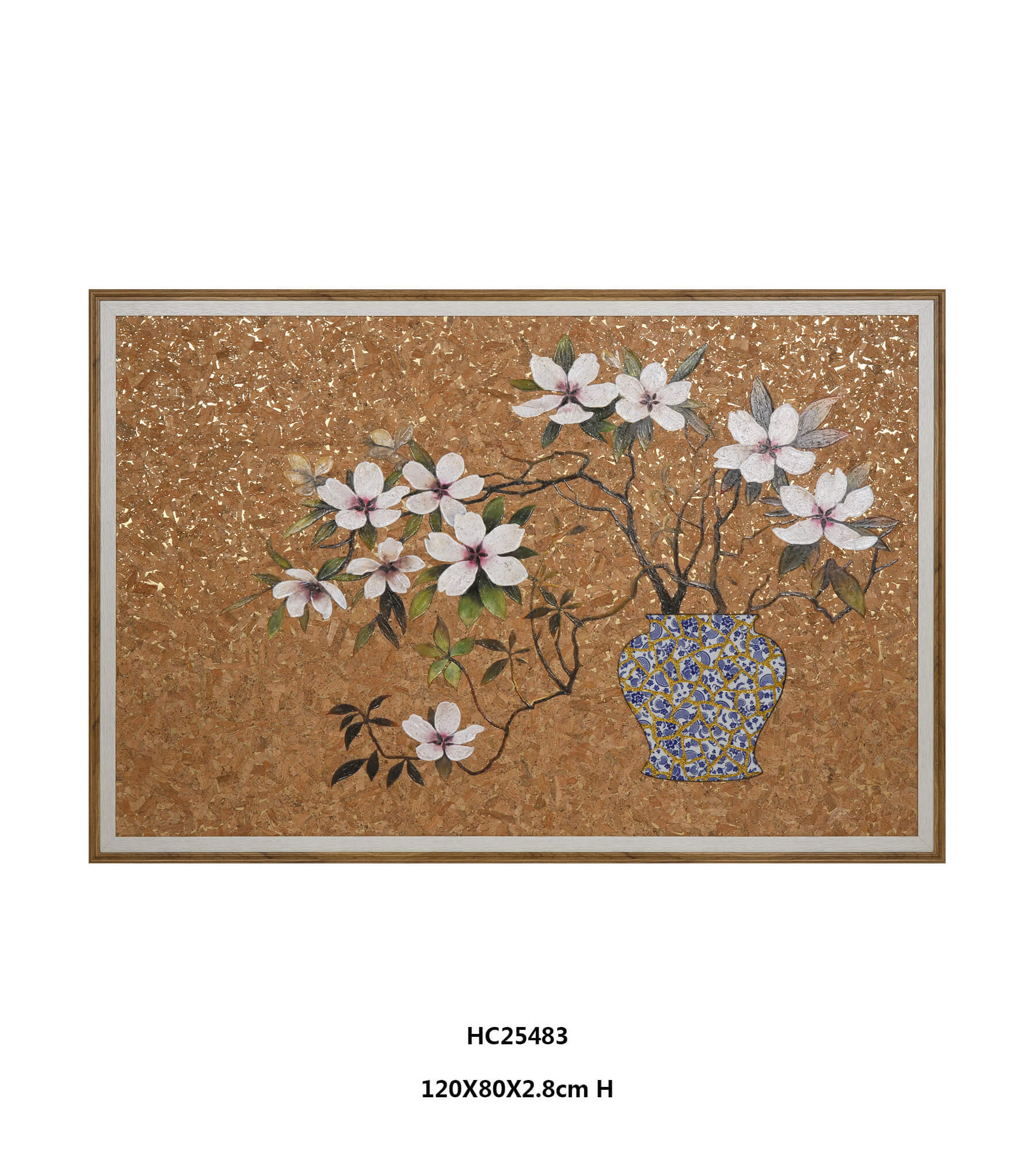 Magnolia Vase Wall Art in Blue and White Porcelain Vase on Shimmering Gold Cork Panel（120×80cm）