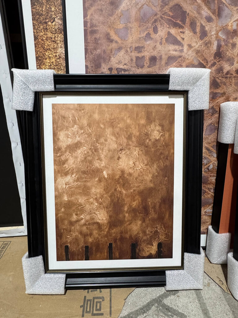 Textured vintage brown abstract wall art in black gold frame