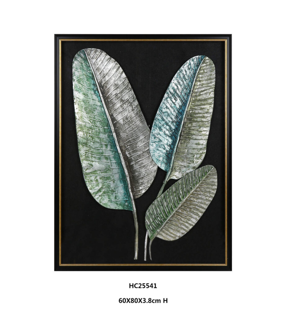 Framed metallic foil botanical leaf wall art in vintage teal and silver