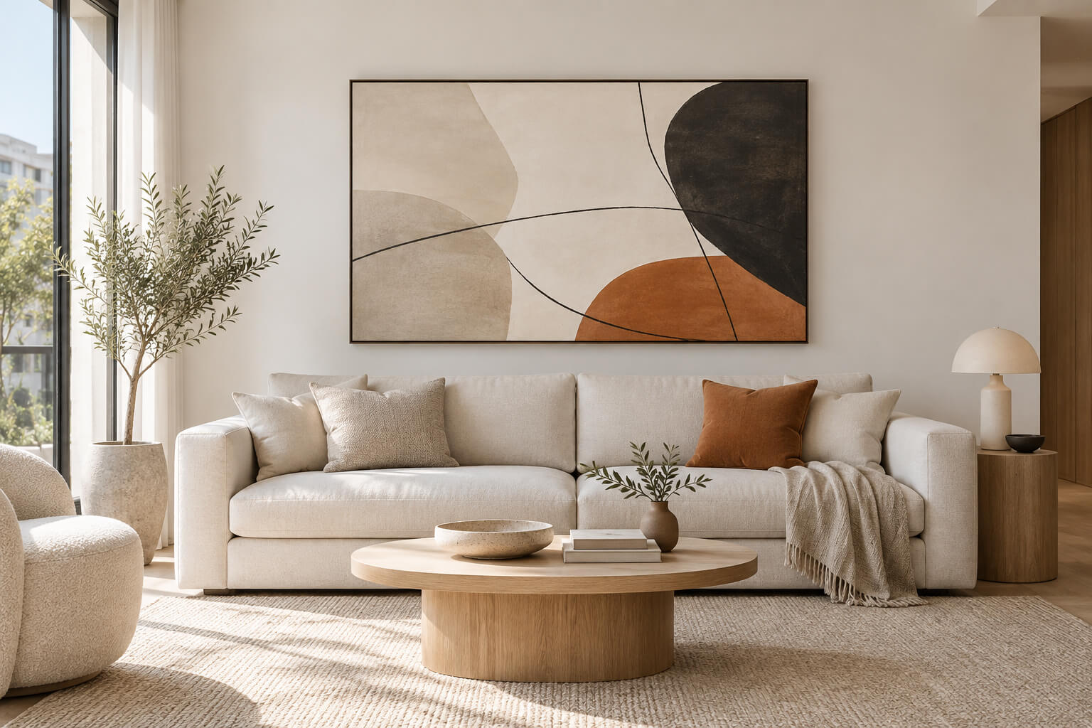 Large neutral abstract artwork above a cream sofa in a minimalist living room