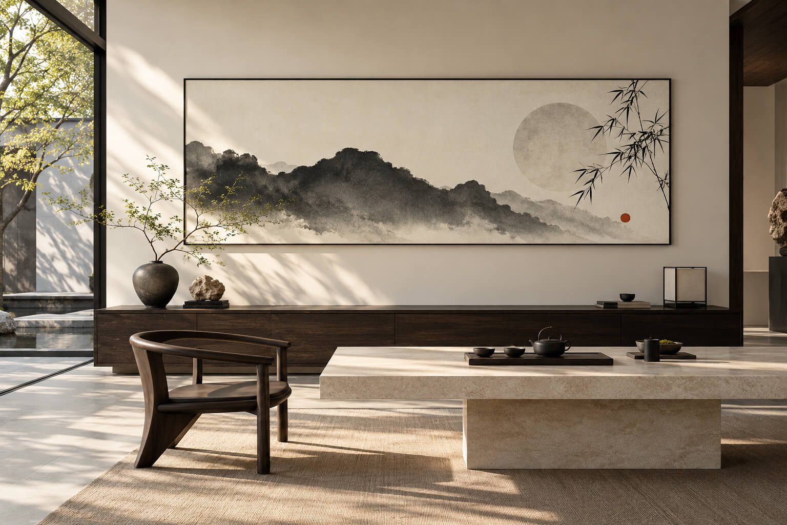 Minimalist ink landscape with bamboo and moon above a walnut console in a modern Chinese interior