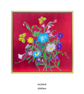mixed flowers wall art with yellow butterflies on crimson