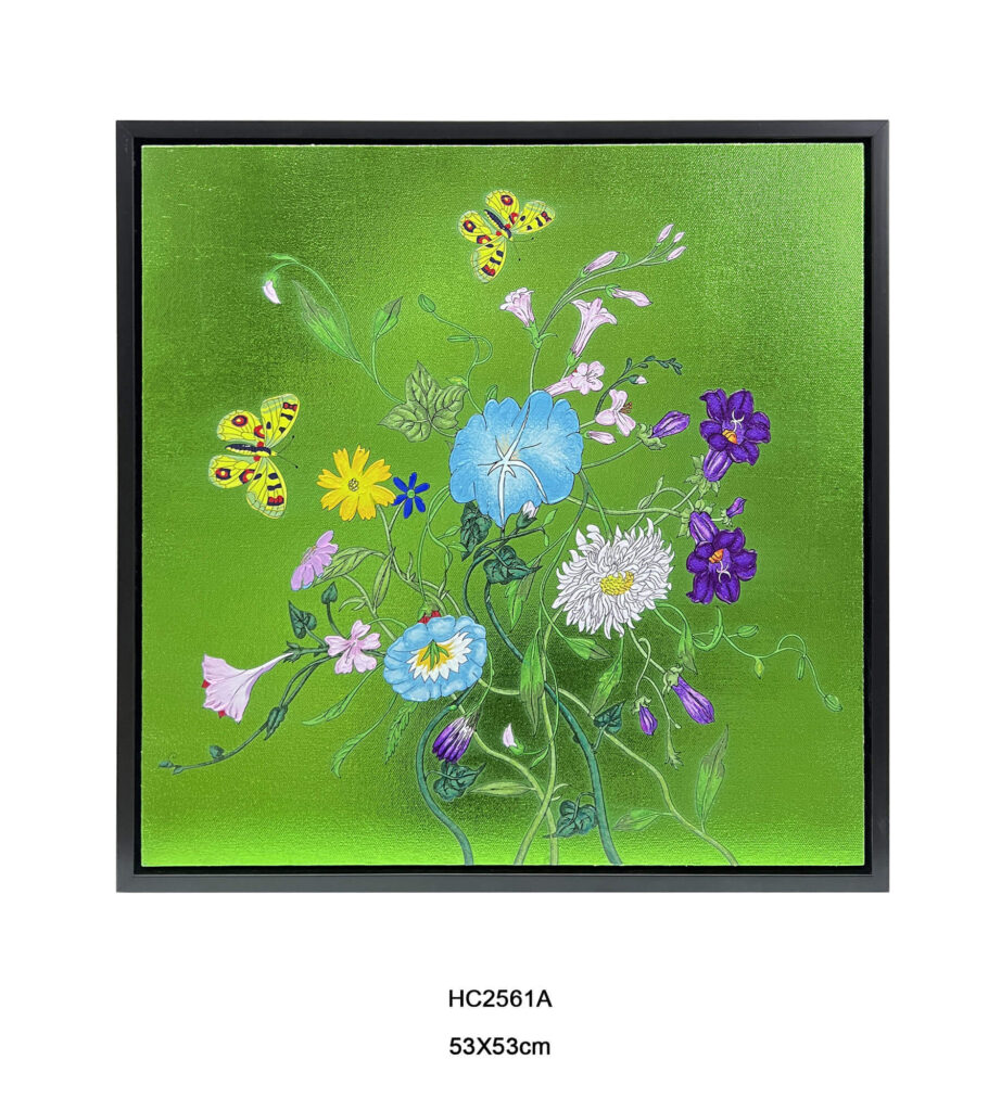 mixed flowers wall art with yellow butterflies on green