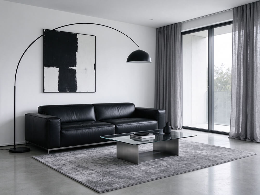 Modern minimalist living room featuring bold black and white wall art design.