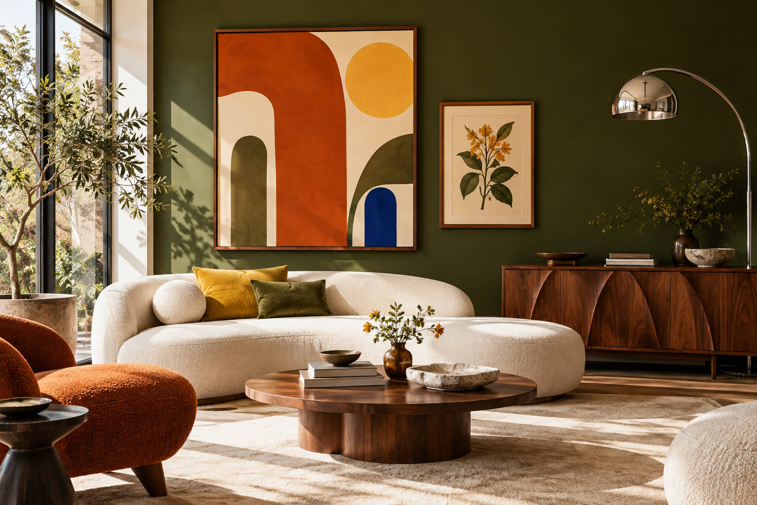 MCM wall decor pairing bold geometric art and a botanical print on an olive wall
