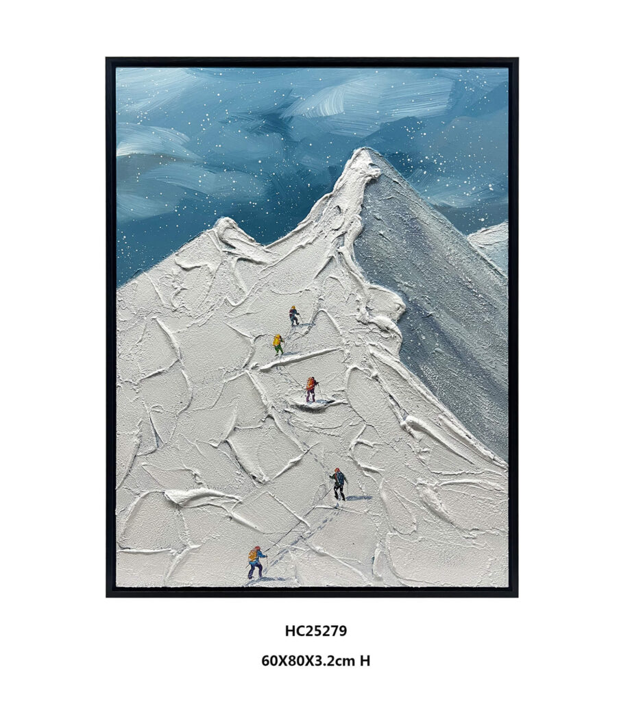 Mountain climbing textured wall art with 3D impasto hikers