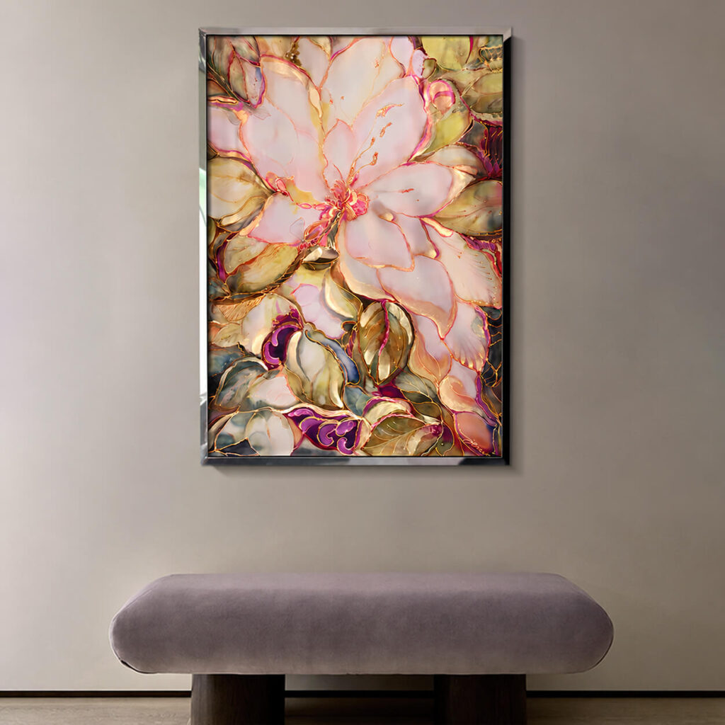 Blush floral wall art above a mauve upholstered bench