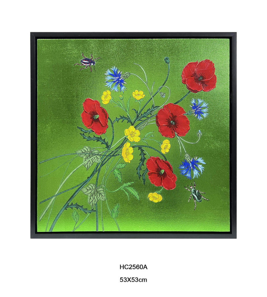 Hand painted poppy cornflower beetle wall art on green