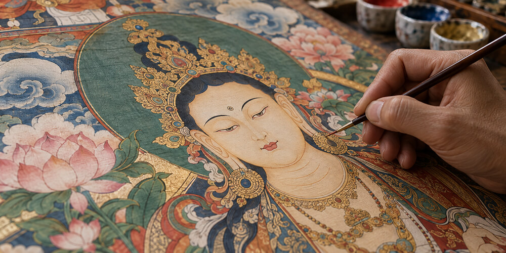 An artist paints delicate facial details on a traditional Thangka.