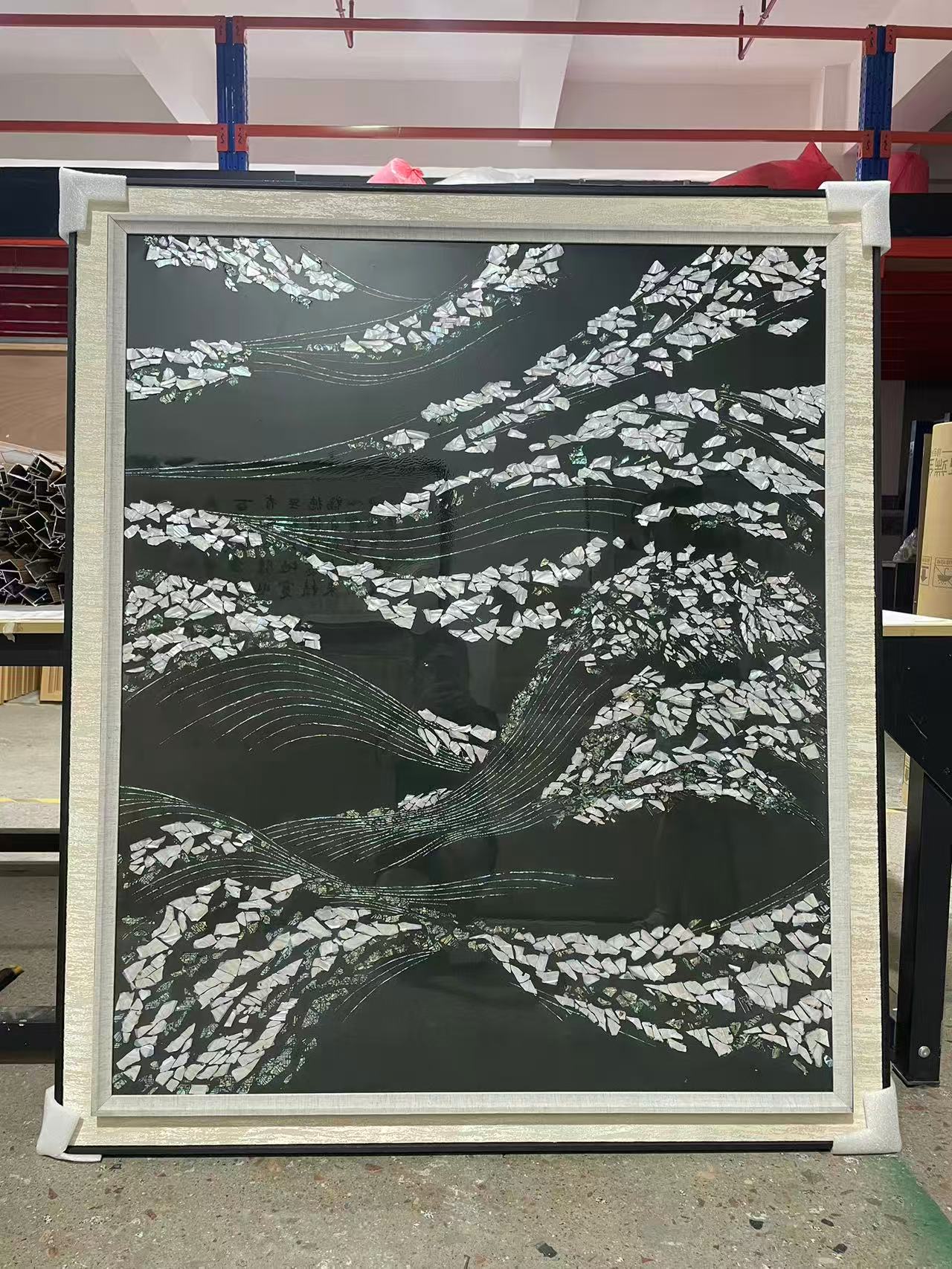 Green and White Shell Wall Art with Flowing Mosaic Texture