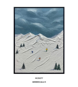 Ski mountain textured wall art with 3D impasto skiers