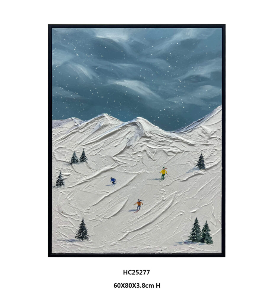 Ski mountain textured wall art with 3D impasto skiers