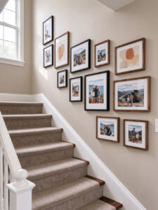 Diagonal family photo gallery wall with wooden frames along staircase