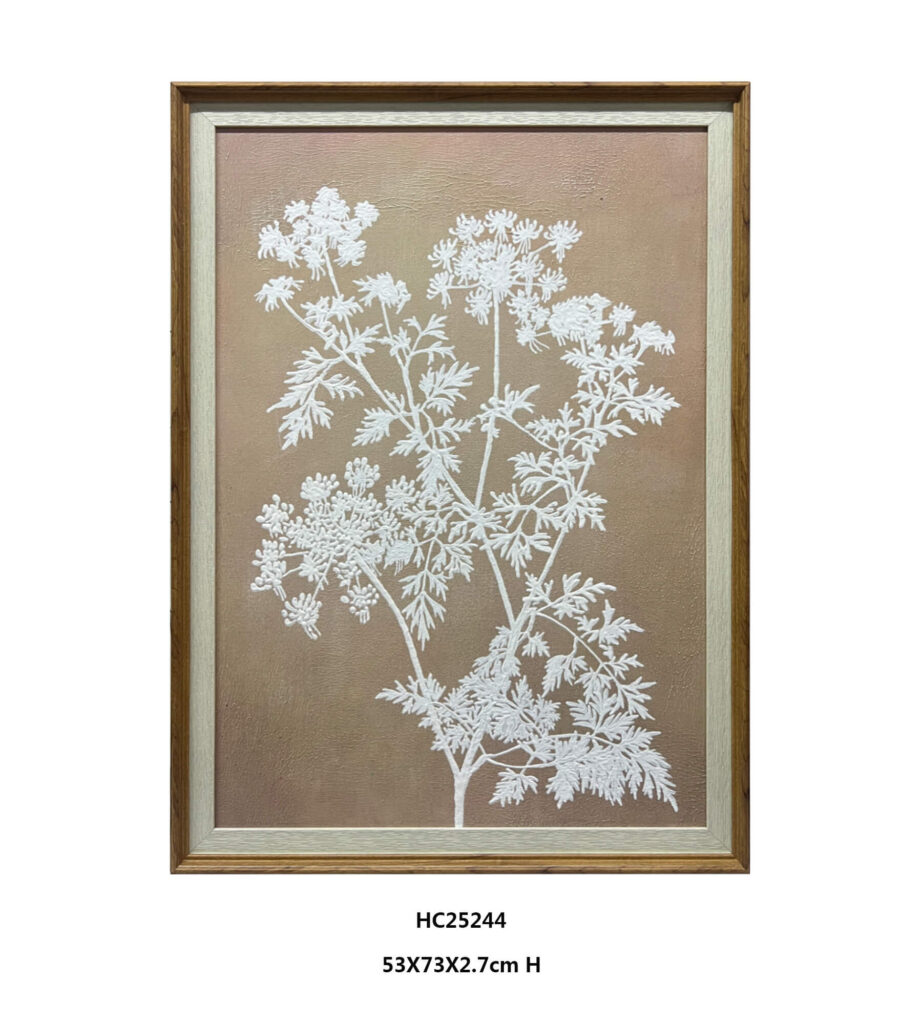 Framed white wildflower relief painting on linen