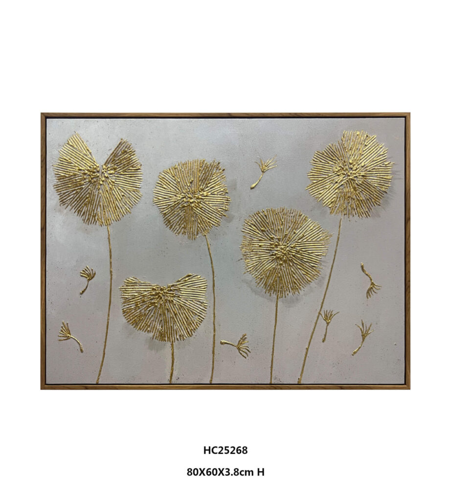 horizontal textured gold dandelion wall art with five seed heads