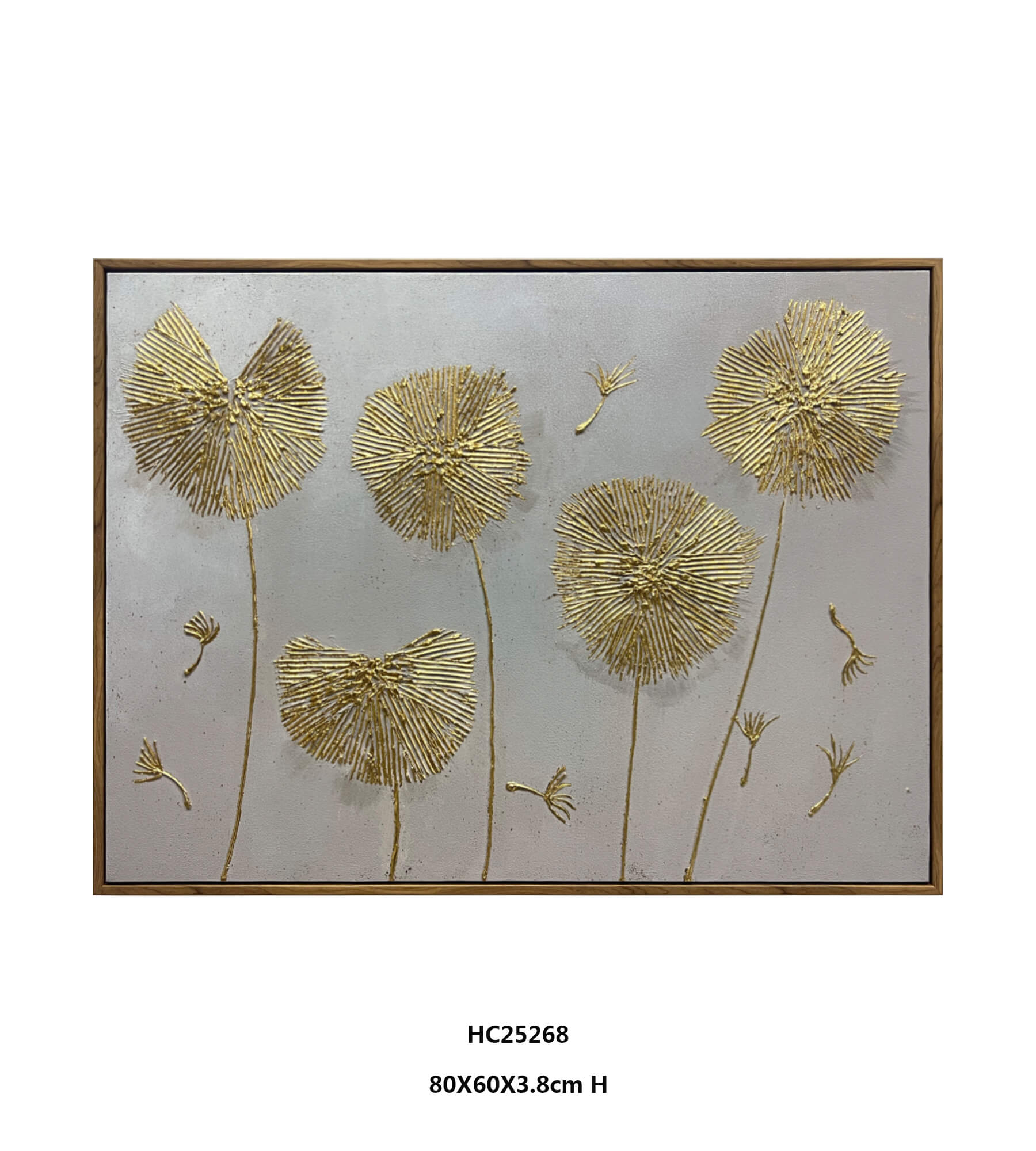 horizontal textured gold dandelion wall art with five seed heads