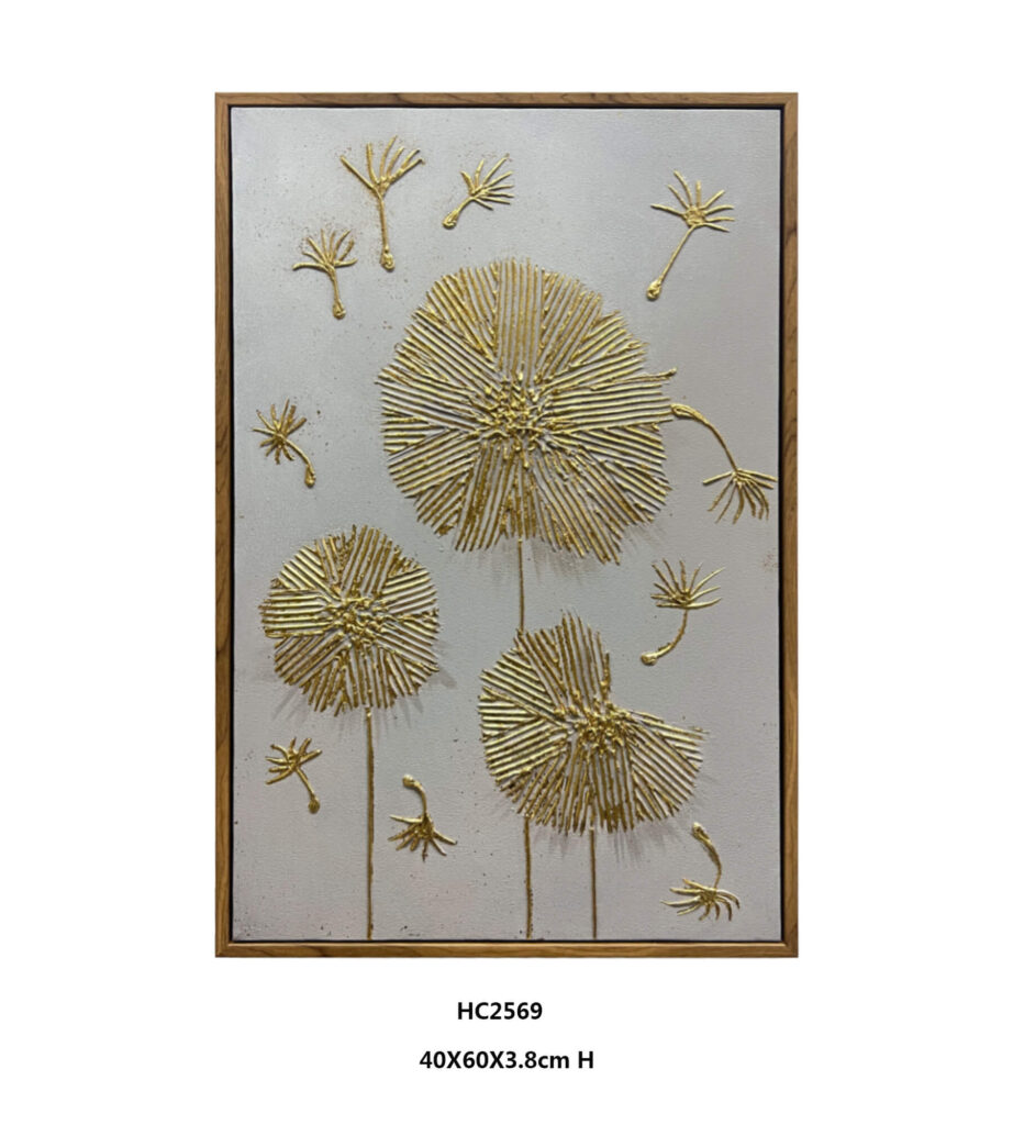 vertical textured gold dandelion wall art with drifting seeds