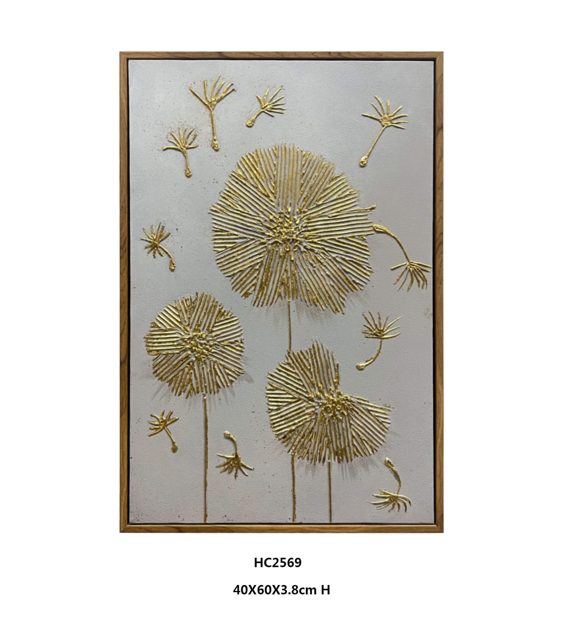vertical textured gold dandelion wall art with drifting seeds
