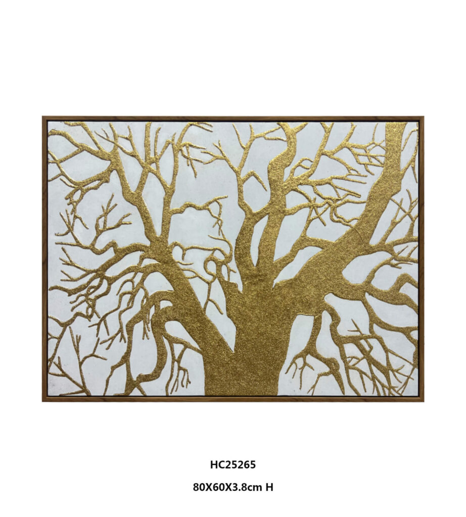 horizontal textured gold tree wall art with spreading branches
