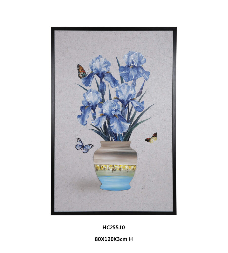Textured iris cork wall art featuring blue flowers butterflies and gold foil