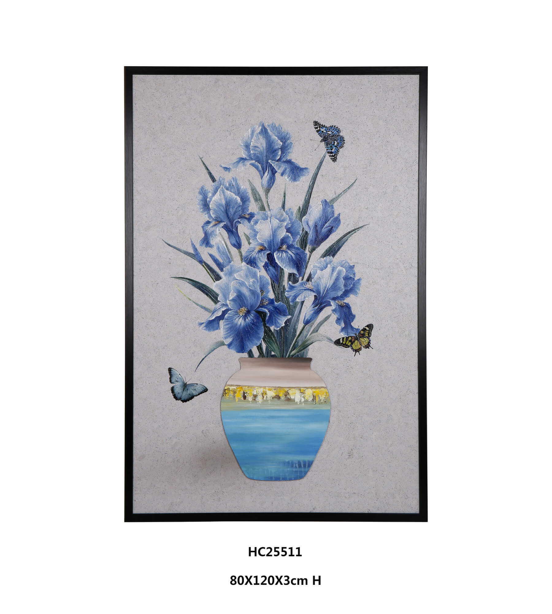 Framed textured iris cork wall art with blooming petals and ceramic vase